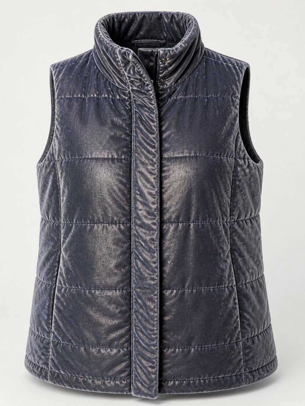 J.Jill Iridescent Grey Velvet Puffer Vest Women’s L Petite Quilted Zip Snap